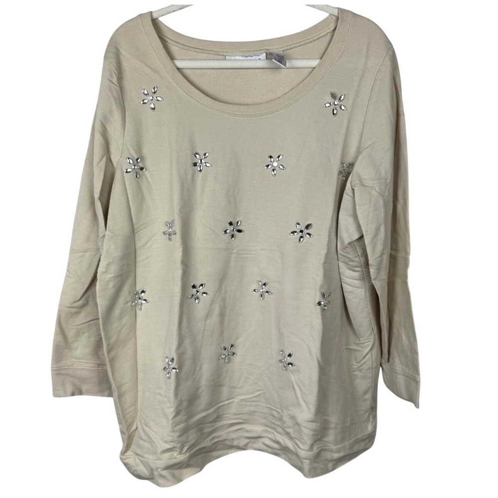 Roamans 1X Womens‎ Tan Jeweled Star Embellished Tan Scoop Neck Long Sleeve Shirt
